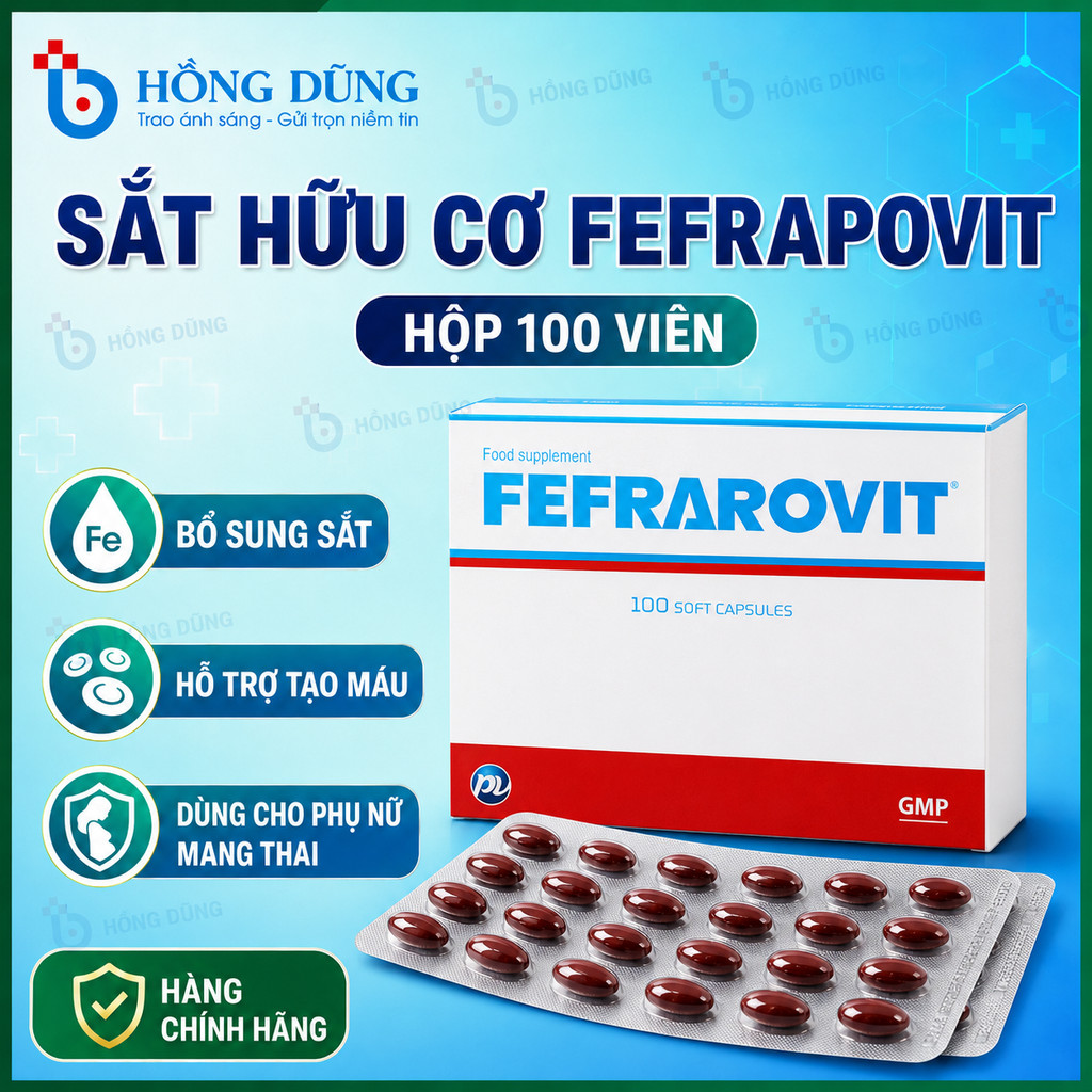 Sắt Hữu Cơ Cho Bà Bầu PV Pharma Fefrarovit Hỗ Trợ Giảm Nguy Cơ Thiếu Máu Do Thiếu Sắt 100 Viên/Hộp