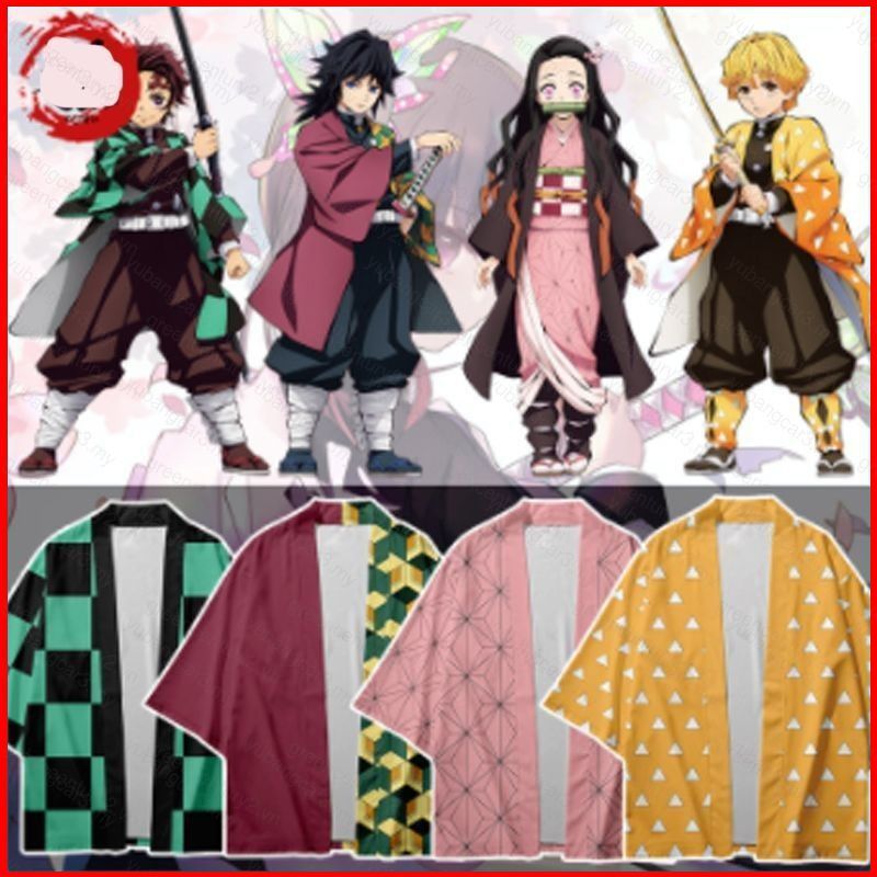 Demon Slayer Cosplay Trẻ Em kimono Haori Tanjirou Nezuko Áo Khoác Tay Ngắn Trang Phục Hóa Trang Hall