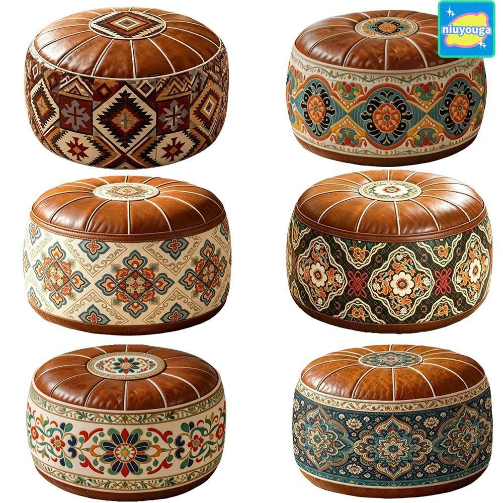 Ghế đẩu Ottoman tròn NIUYO, Da PU Phong cách cổ điển Vỏ bệ chân, Họa tiết chim hình học Hình tròn có