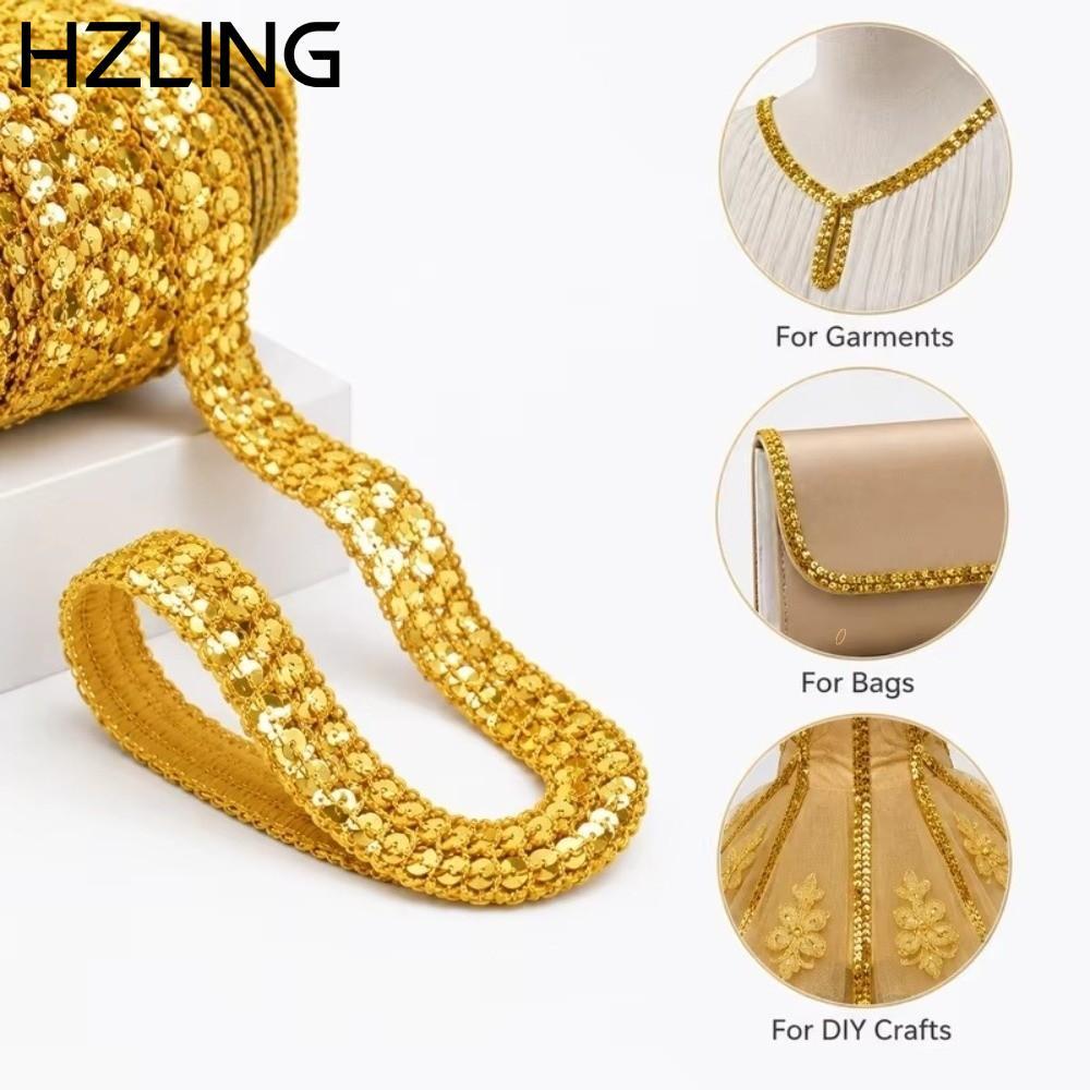 HZLING Sequin Trim Ribbon, Băng ren sequin rộng 1,5cm kim loại, Họa tiết lấp lánh đa năng dài 10 mét