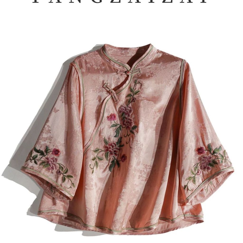 Cừu Công Nghiệp Nặng Jacquard Thêu Phong Cách Trung Quốc Cổ Đứng Mùa Hè Đính Hạt Áo Sơ Mi Nhỏ Phong 