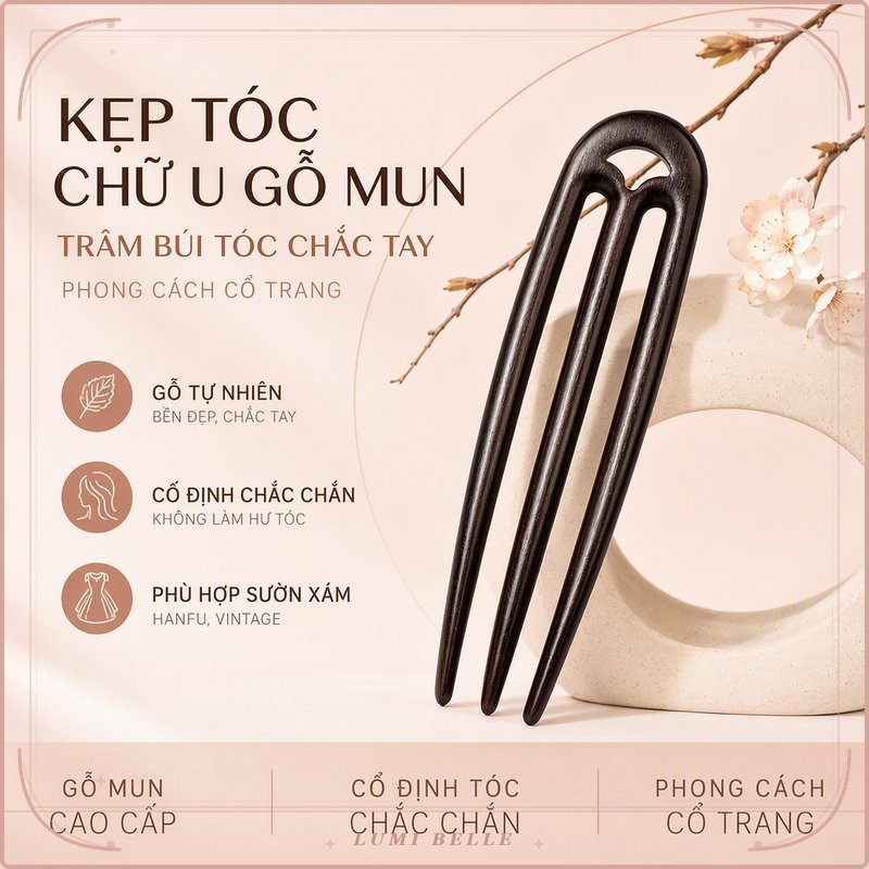 Gỗ Mun Hình Chữ U Tóc Dính An Toàn Bun Pin Vintage Hanfu Sườn Xám Ảnh Du Lịch Lễ Hội