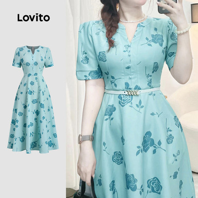 (thanh lịch) Lovito Váy cài nút váy xuân/hè màu xanh cho phụ nữ L149ED1056