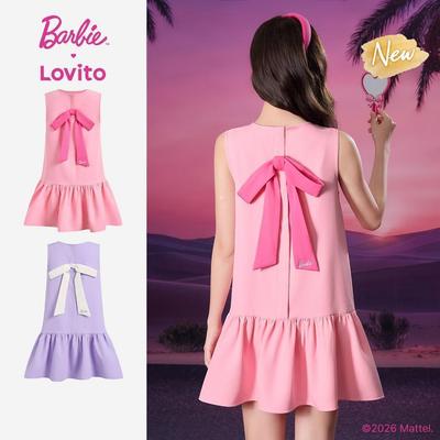 (New Arrival) Barbie™ X Lovito Váy Đầm Nữ Mini Tím Xuân/Hè Dáng A Phối Màu Nơ Sau Lưng Thêu Họa Tiết LBL5AD048