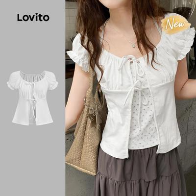 (New Arrival) Lovito Áo Thun Trắng Nữ Mùa Xuân/Hè Đơn Giản Có Thắt Nơ Trước L200AD084