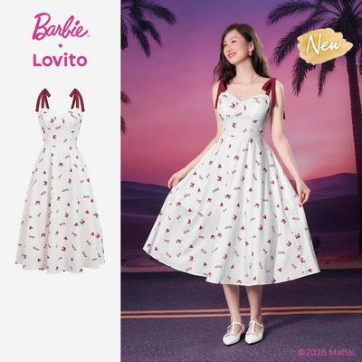 (New Arrival) Barbie™ X Lovito Váy Đầm Nữ Trắng Dài Xuân/Hè Dáng A Có Nơ Lớn LBL5AD049