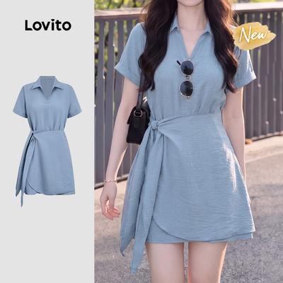 (New Arrival) Lovito Váy liền nữ màu xanh kiểu quấn nhẹ nhàng mùa xuân/hè DRB198P1D295