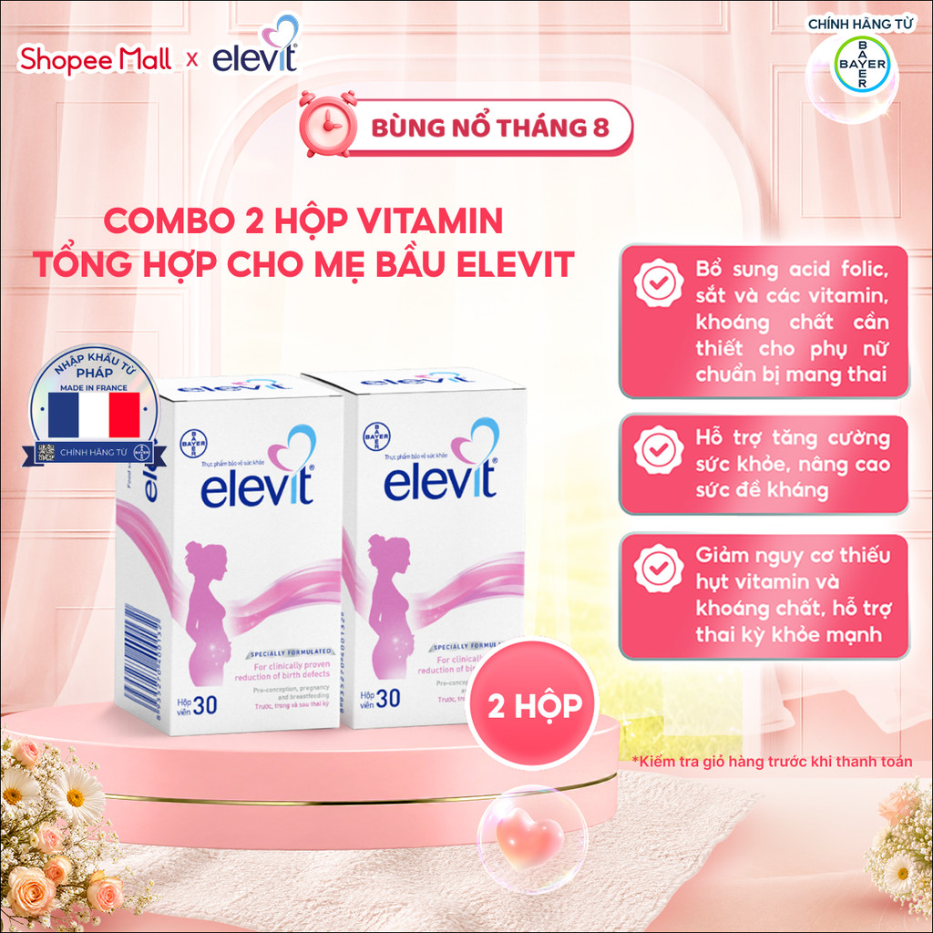 [LS deal] Combo 2 Thực phẩm bảo vệ sức khỏe Elevit bổ sung Acid Folic, Sắt, Canxi, Các Vitamin và Cá