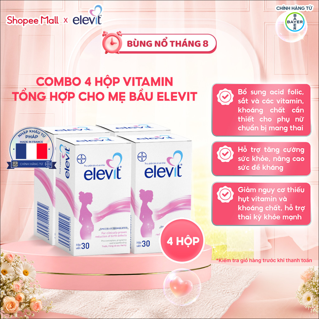 Bộ 4 Thực phẩm bảo vệ sức khỏe Elevit bổ sung Acid Folic, Sắt, Canxi, Các Vitamin và Các khoáng chất
