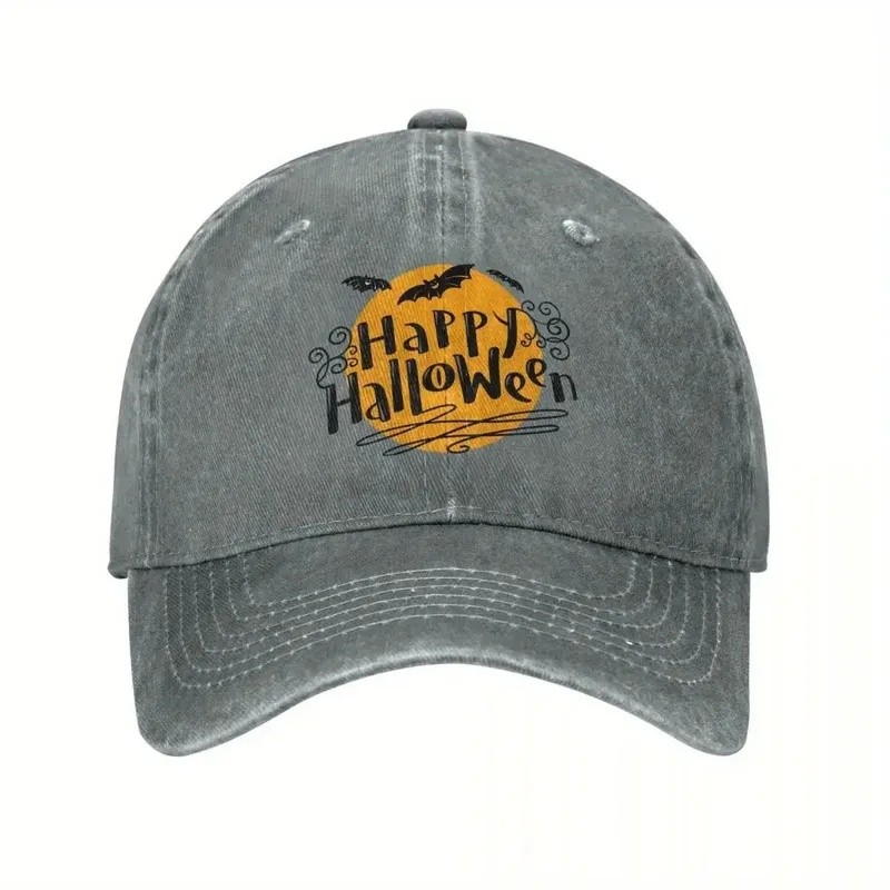 Mũ bóng chày Halloween cổ điển- Thiết kế cổ điển có trăng và dơi, vừa vặn có thể điều chỉnh, che nắng, màu đen, cam,