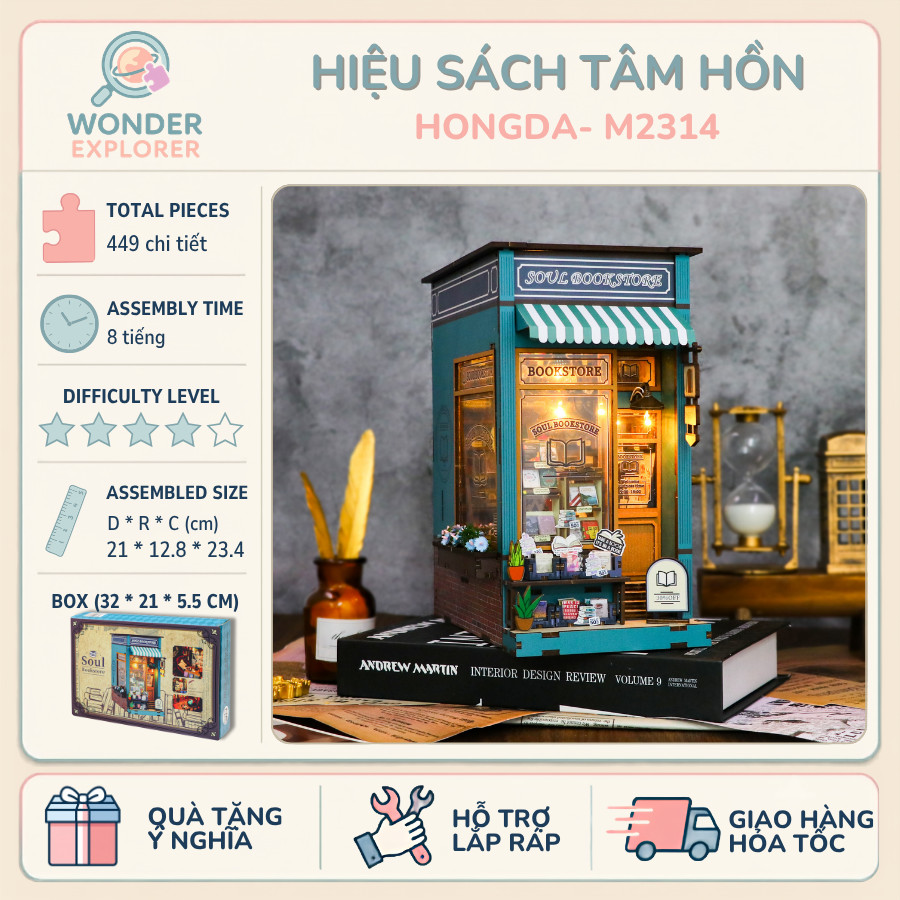[Decor, Quà Tặng] Mô Hình Lắp Ráp Book Nook Soul Bookstore - Tiệm Sách Thu Nhỏ HongDa M2314