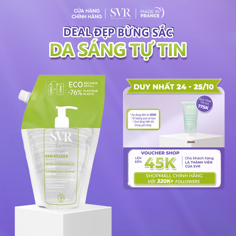 Nước tẩy trang sạch sâu loại bỏ dầu nhờn SVR Sebiaclear Eau Micellaire 400ml Refill