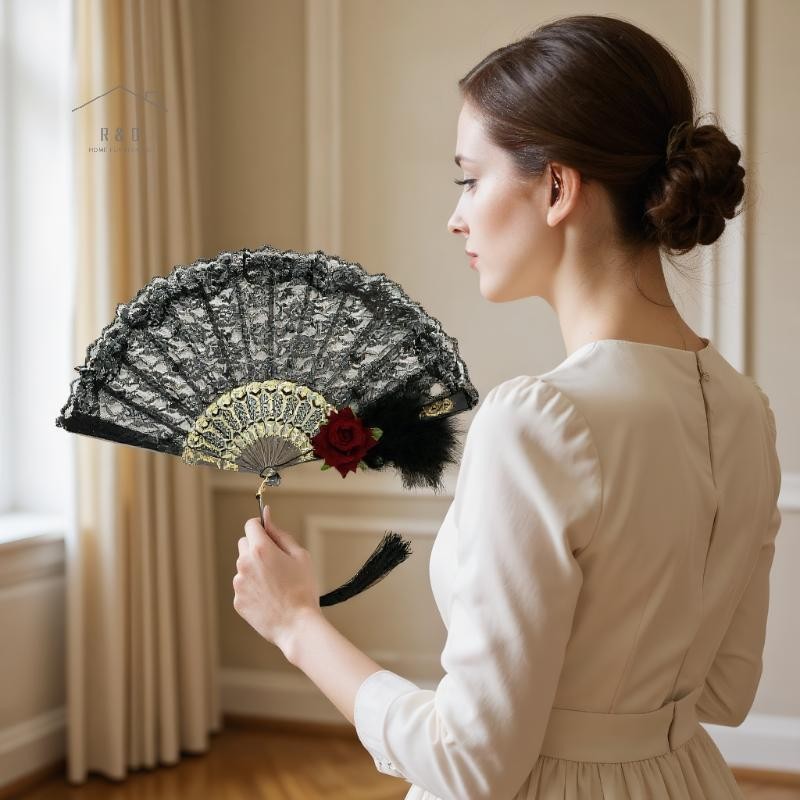 RO > Gothic Quạt Victoria Nữ Ren Tay Quạt Vintage Trắng Đỏ Hoa Hồng Tre Người Hâm Mộ Cosplay Hallowe