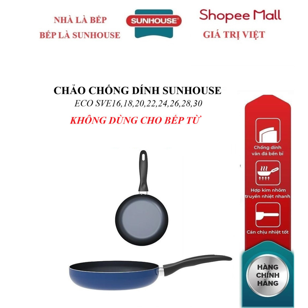 Chảo trơn chống dính Sunhouse Eco SVE16/SVE18/SVE20/SVE22/SVE24/SVE26/SVE28/SVE30 Chống dính hai lớp bền bỉ