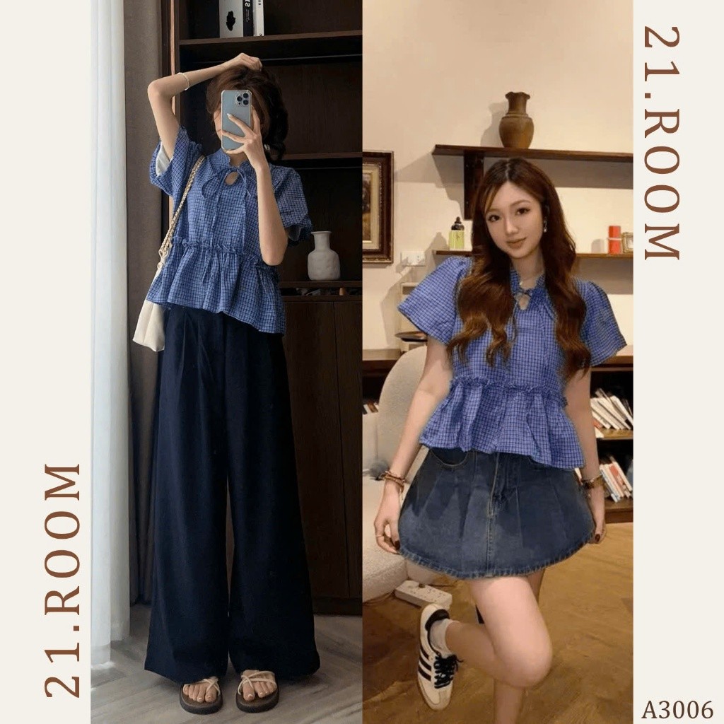 Áo Babydoll Nữ Kẻ Caro Cổ V 21.ROOMHN A3006