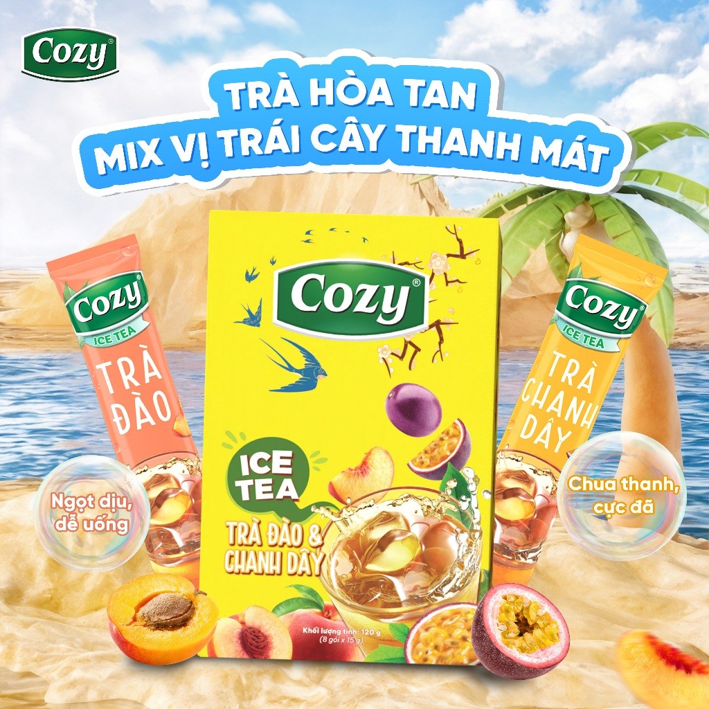 Trà Trái Cây Trà Đào Trà Chanh Dây Cozy Ice Tea Trà Hòa Tan Giải Nhiệt Thanh Mát Hộp 8 gói x 15gr