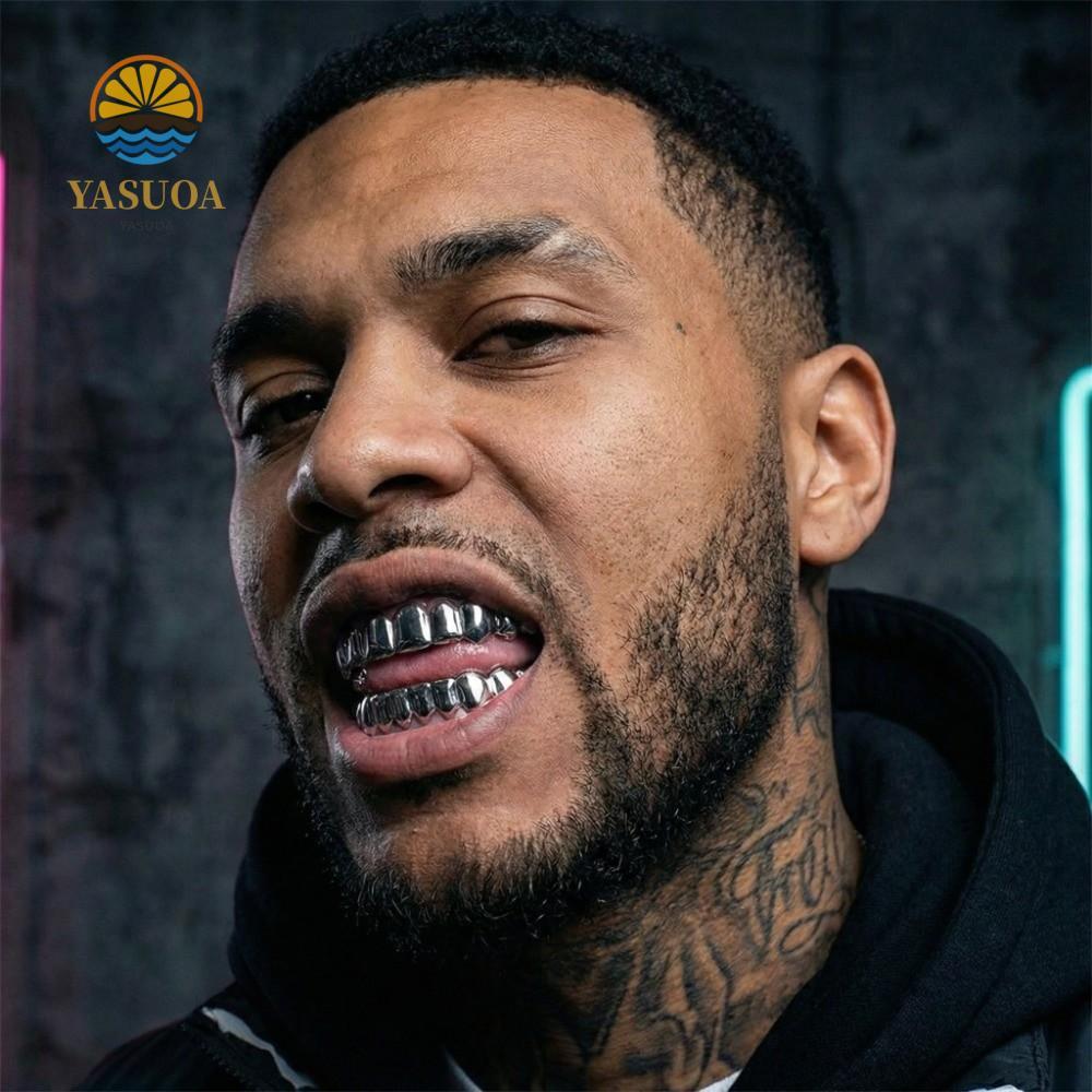 LARCHLO Răng Grillz Top Đáy Bộ, Bóng Chống Trơn Trượt Răng Grillz Mũ, Unisex Bạc Sáng Bóng Răng Tran