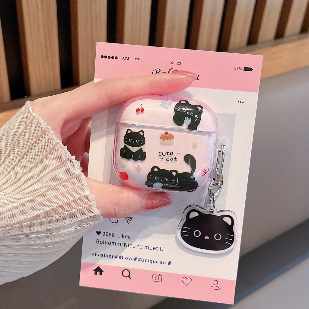 Ốp điện thoại tai nghe họa tiết mèo đen ngọt ngào dễ thương có mặt dây chuyền cho AirPods 4 AirPods 