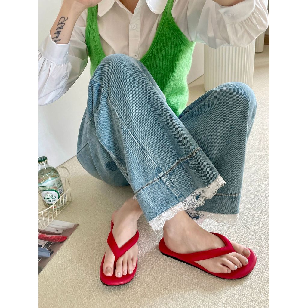 2026 Phong Cách Mới Phiên Bản Hàn Quốc Tính Khí Mũi Tròn Flip-Flops Màu Kẹo Flat Kỳ Nghỉ Flip-Flops 