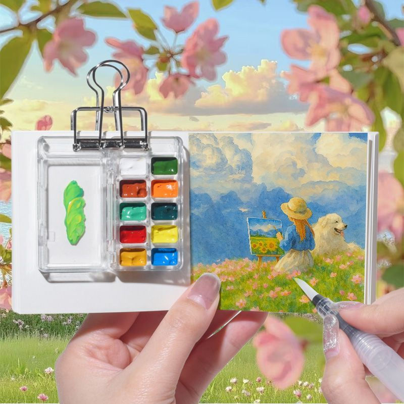 New watercolor paint set for students, travel mini palette, notebook, drawing board10y Small portabl