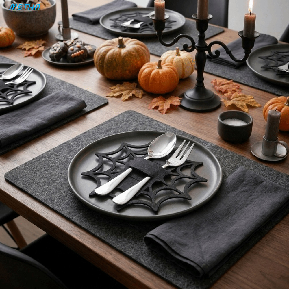METHA 12 Chiếc Halloween Nhện Web Dao Kéo Bao, Tay Đũa Di Động Bát Dao Kéo Túi, Bộ Đồ Ăn Trang Trí M