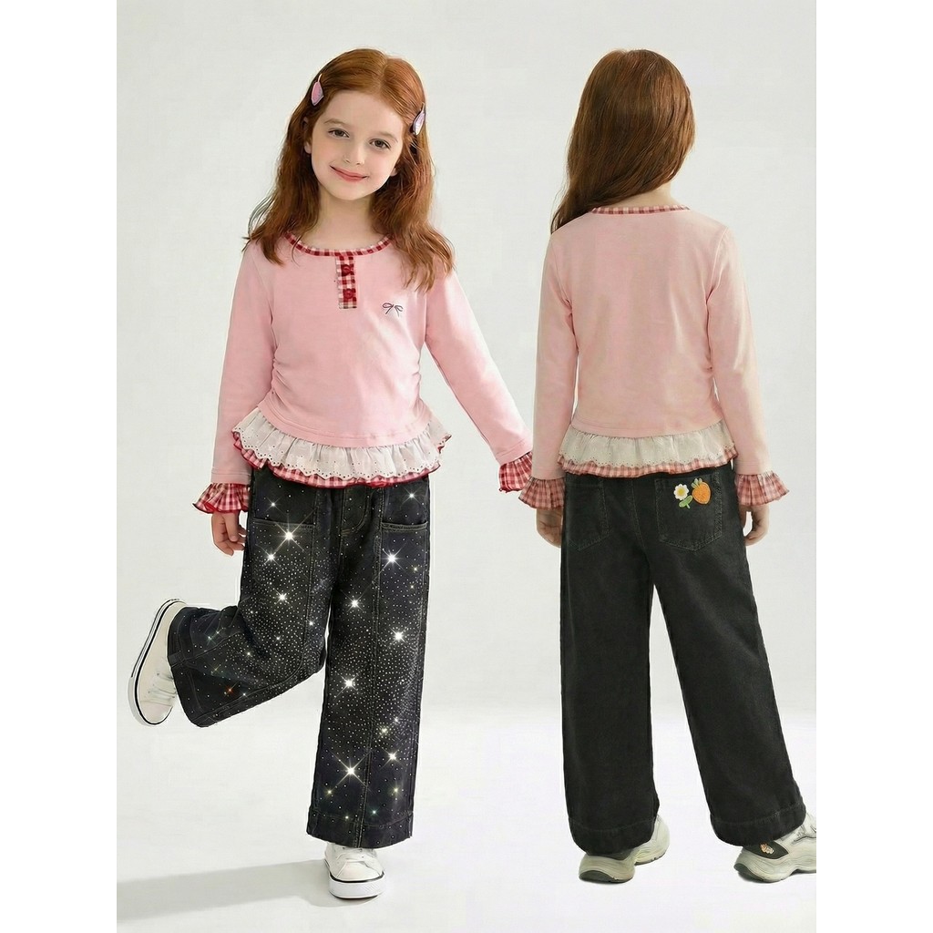 Quần jean Baggy pha lê màu đen Y2K Dạo phố Teen Girls Thu Đông