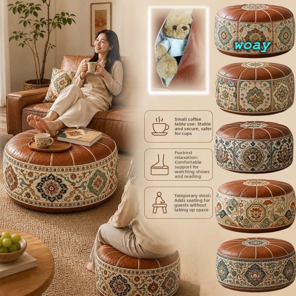 WOAY Foottool Cover, Boho Họa Tiết Da PU Ottoman Pouf, Có Thể Gập Lại Hình Tròn Lưu Trữ Ottoman Phòn