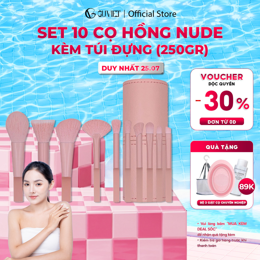 Bộ cọ trang điểm cá nhân GUVIET kích cỡ mini màu Hồng nude gồm 10 cọ kèm theo túi đựng