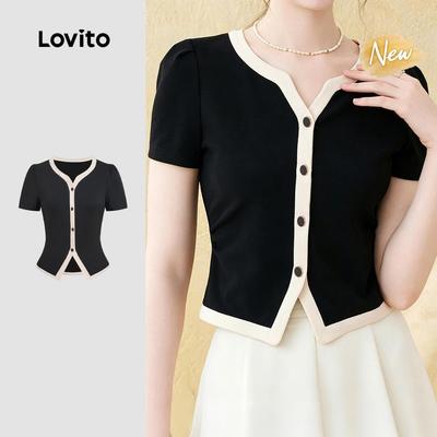 (New Arrival) Lovito Áo thun nữ màu đen trắng phong cách sang trọng phối màu nút cài xẻ tà phía trước mùa xuân/hè L199ED499