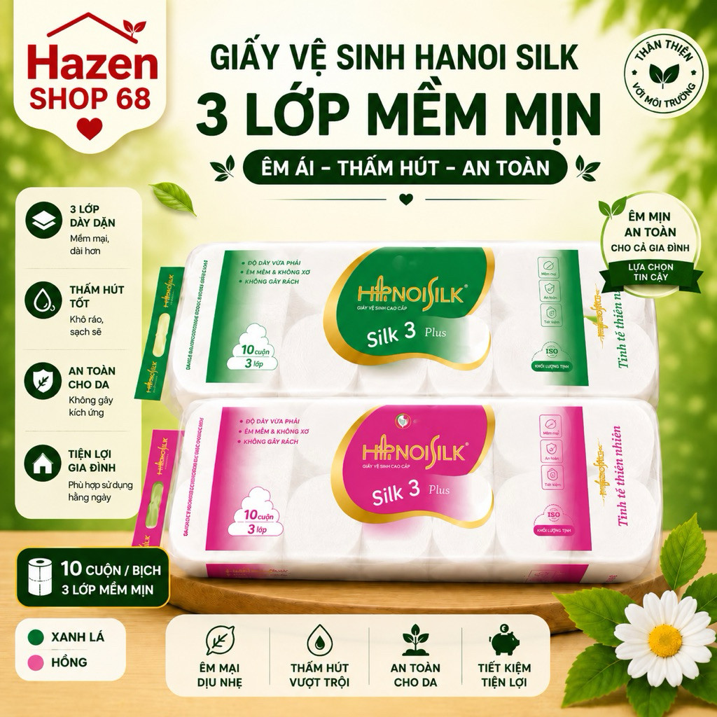 Giấy Vệ Sinh Hanoi Silk Xanh Lá/Hồng 3 Lớp 10 Cuộn/Bịch - Siêu dai, mềm mịn, tan nhanh