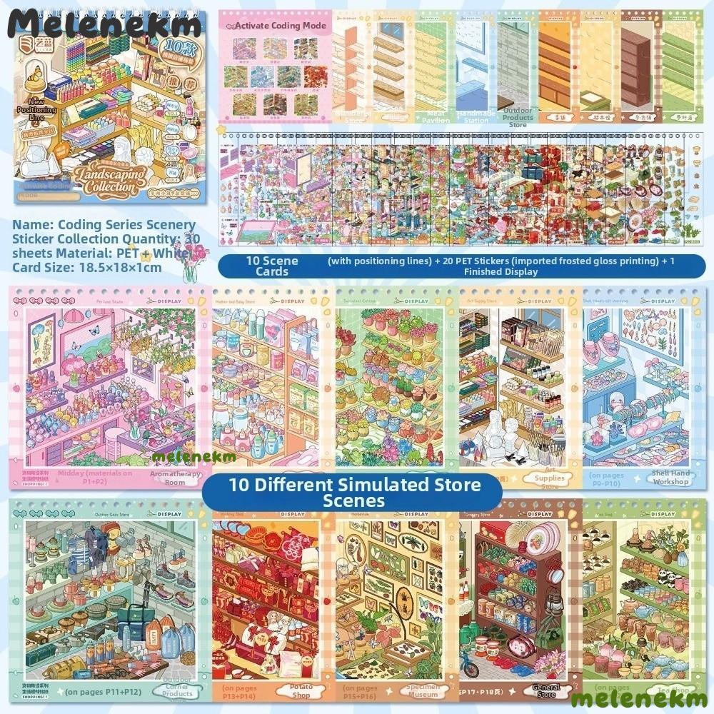 Sách Nhãn Dán MELEN, Dòng Cửa Hàng 30 Tờ Nhãn Dán Cảnh Mini, Minh Họa Tinh Tế Chất Lượng Cao PET Giả