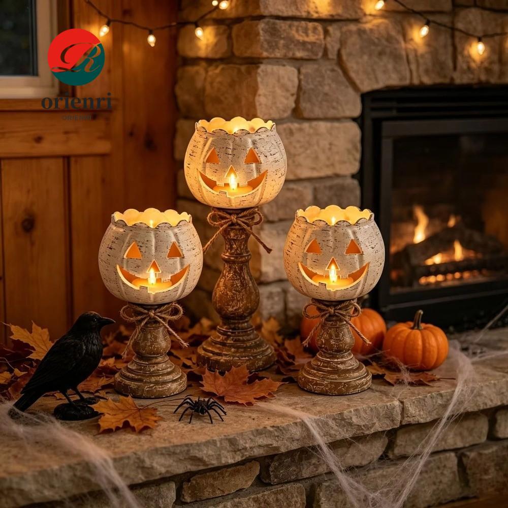ORIENRI Pumpkin Tealight Candle Holder, Cutout Face Retro Pumpkin Tealight Holder, Gỗ-Look Base Scal
