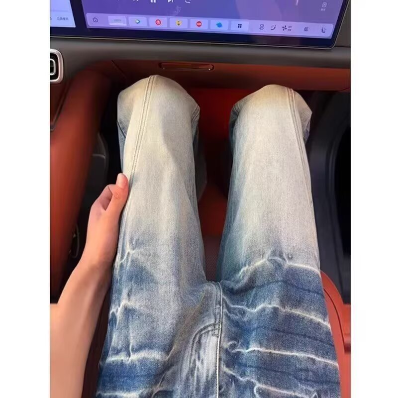 Cleanfit Blue Lightning Pattern Jeans Nam Nữ Quần Dài Mỹ Giặt Hơi Rời Machete Quần