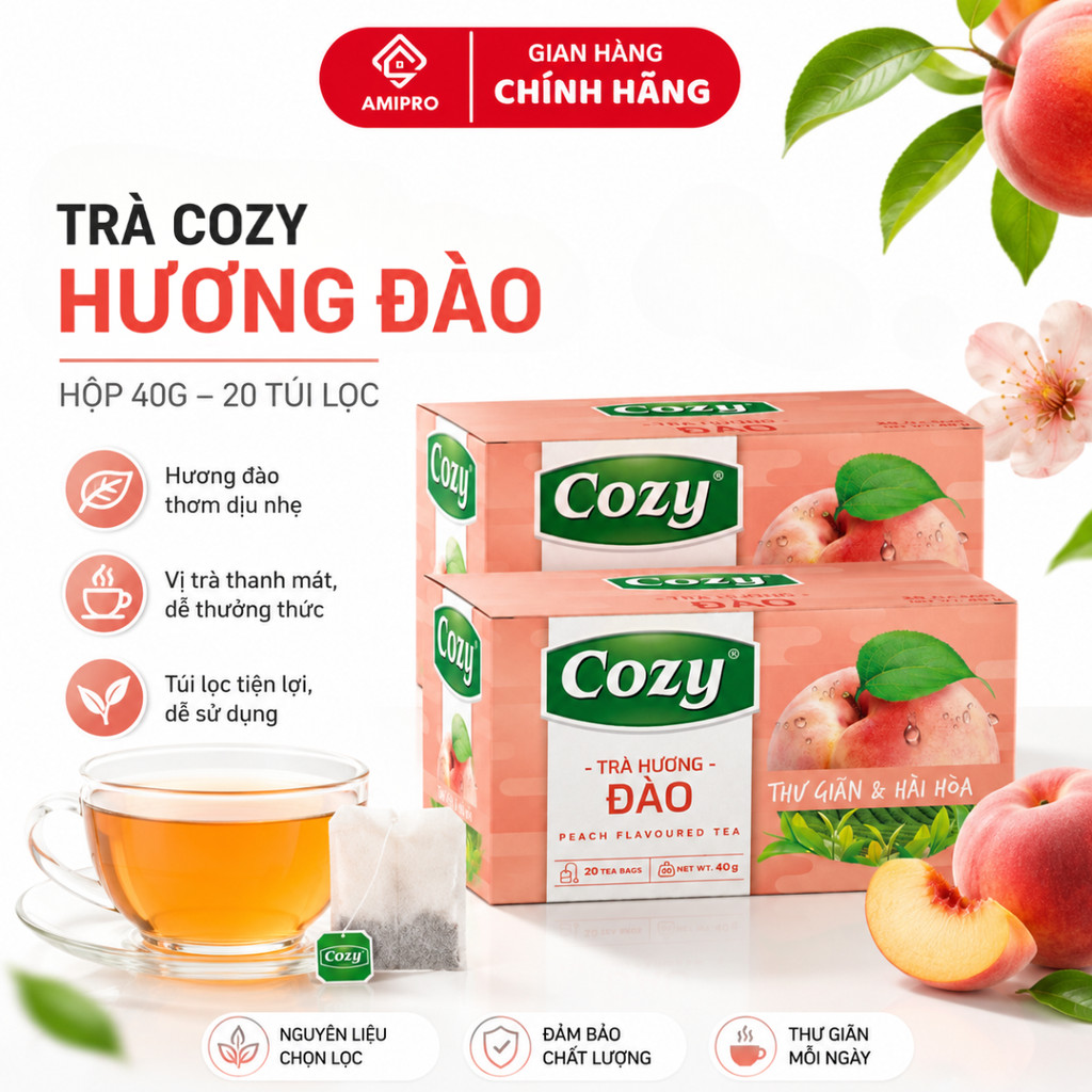 Trà Cozy Hương Đào Hộp 40g 20 Túi Lọc Trà Đào Cozy Chuẩn Vị Pha Chế Thơm Ngon