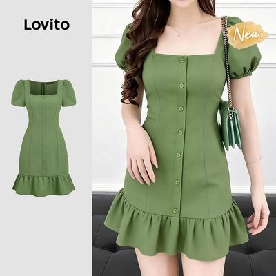 (New Arrival) Lovito Váy nữ dáng thường xếp ly đường nét cấu trúc mùa xuân/hè màu xanh lá DRB198P1D363
