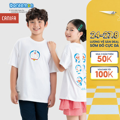 Áo phông unisex trẻ em CANIFA áo thun cotton USA cộc tay mềm mại in hình Doraemon 3TS26S001