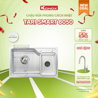 [TẶNG VÒI] Chậu rửa bát inox 1 hố chống xước Konox TARI SMART 8050 phong cách Nhật bề mặt HẠT - Bảo hành 10 năm