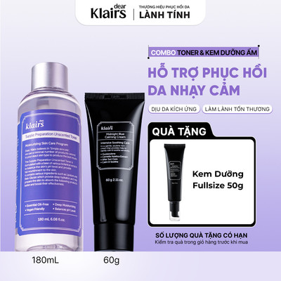 Combo Nước hoa hồng Dear, Klairs Supple Preparation Unscented Toner 180ml + Kem dưỡng Midnight Blue Calming 60g [FS]