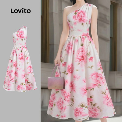 Đầm nữ Lovito hồng xuân hè xếp ly bất đối xứng hoa Boho LK6AD118