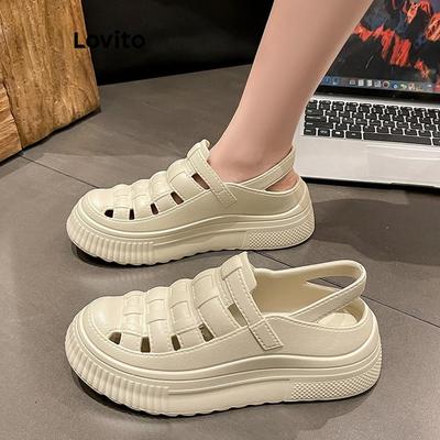Lovito Sandal Đế Bằng Kiểu Hàn Quốc Mùa Hè Giản Dị Đế Eva Trơn Kiểu Dệt La Mã Đế Dày Kiểu Rỗng Sandal Đế Bằng Cho Nữ LFA62084