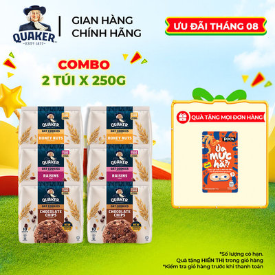 Combo 2 Túi Bánh Quy Yến Mạch QUAKER 250G Hương Socola/Hạnh Nhân Mật Ong/Nho Khô - Giàu dinh dưỡng và tốt cho sức khỏe