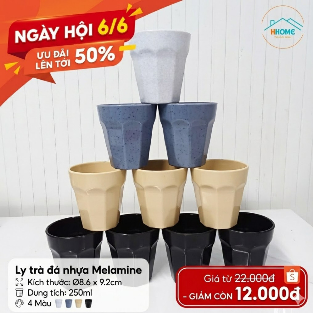 COMBO 10/20 LY NHỰA PHÍP 180ML-250ML LOẠI DÀY NHIỀU MÀU, LY NHỰA MALEMINE CAO CẤP