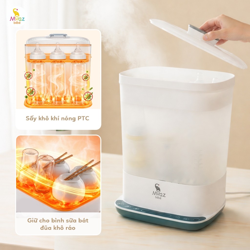🌙🌙 Máy tiệt trùng hơi nước và sấy khô bình sữa Moazbebe MB101 mb101 bảo hành chính hãng 12 tháng