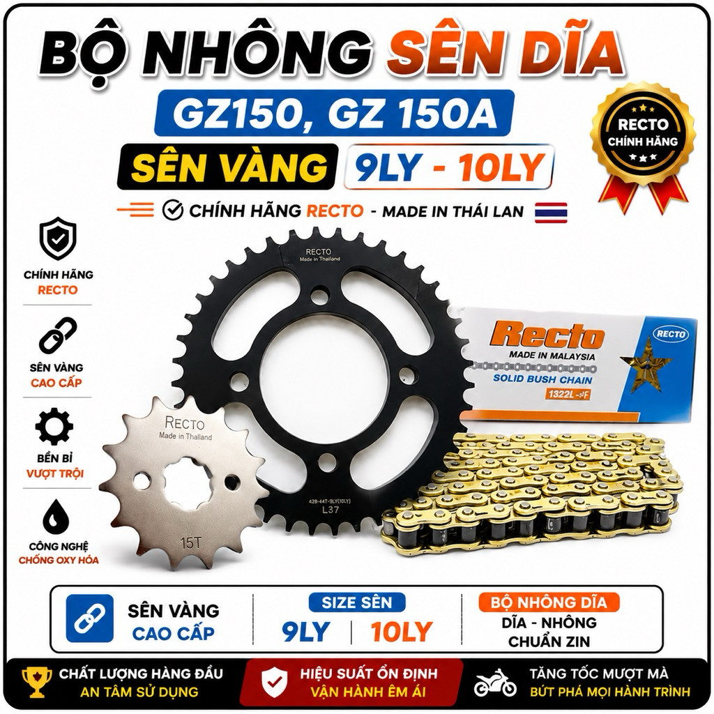 Bộ Nhông Sên Dĩa GZ150, GZ 150A [Sên Vàng 9Ly -10Ly] Chính Hãng Recto Made in Thái Lan . .