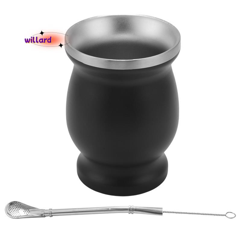 Yerba Mate Gourd Set Cốc trà không gỉ hai lớp và Bombilla 8 Ounce Bombillas Yerba Mate Straw - Đen