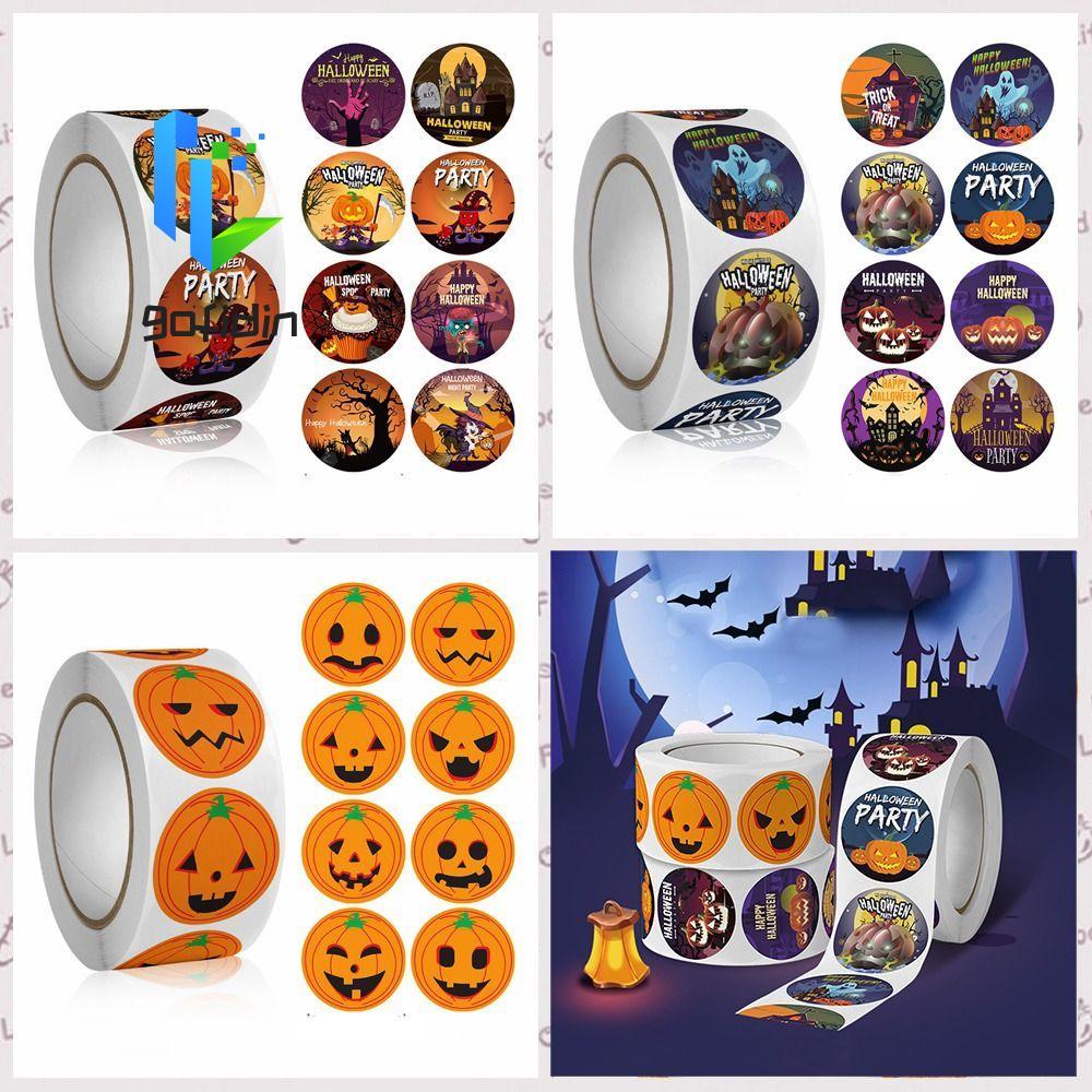 GOFIDIN 500 Cái / cuộn Miếng Dán Bí Ngô Halloween, Bí Ngô Emote Ma Halloween Nhãn, 500 Cái / Cuộn Ke