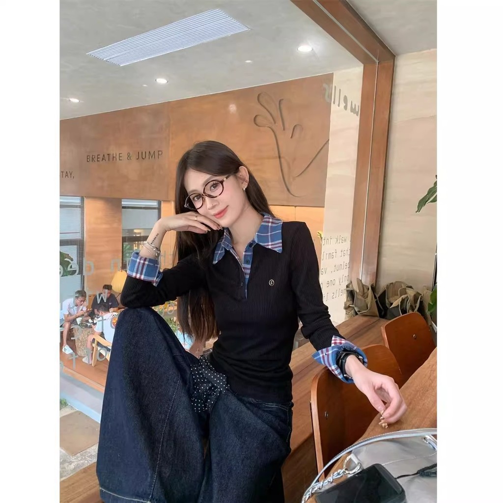 Áo Polo tết giáng sinh thun dài tay nữ giữ ôm body baby tee Thời Trang Kiểm Tra Top Nữ Thu Đông Phong Cách Mới Khâu | BigBuy360 - bigbuy360.vn