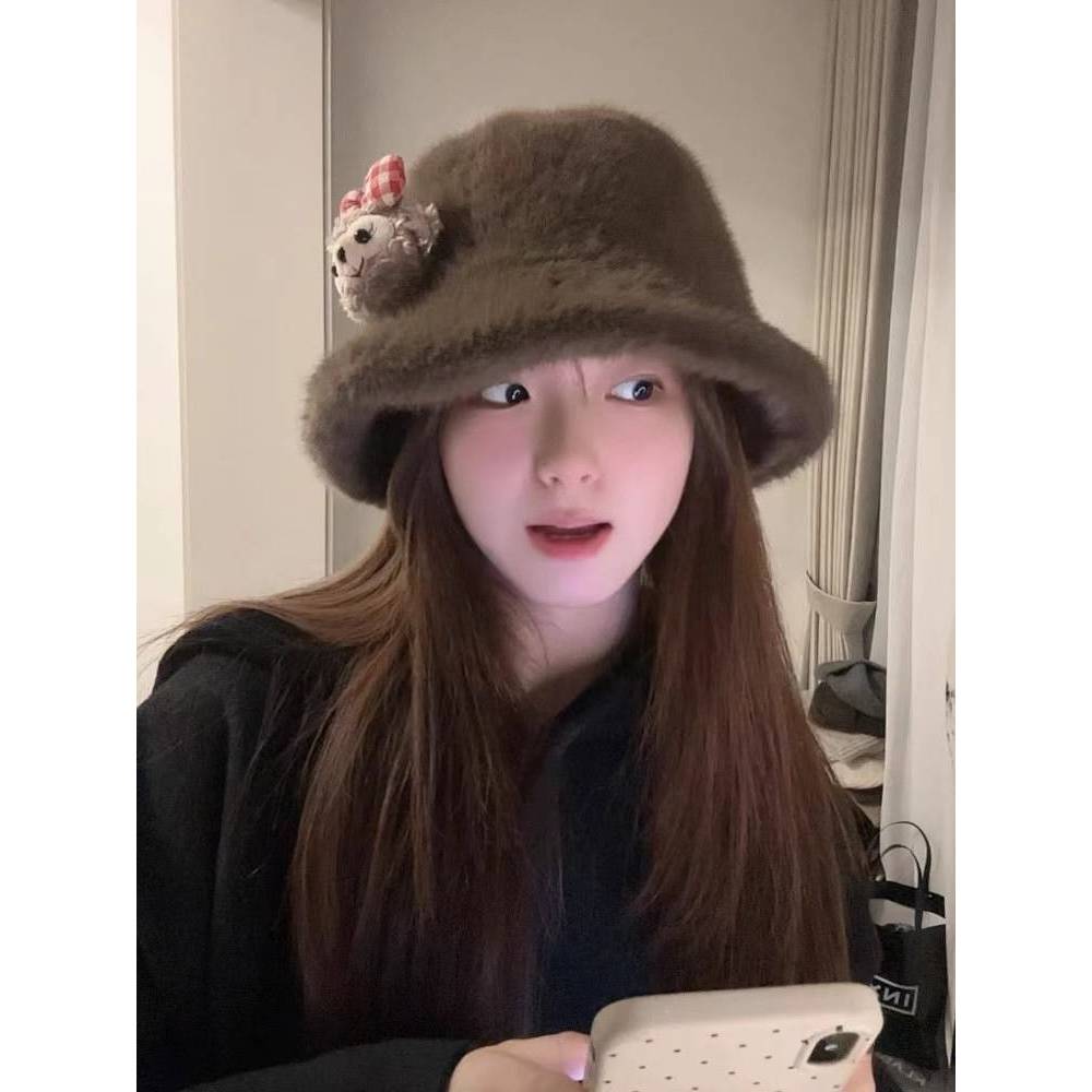 Furry Bucket Hat Women's Autumn and Winter Warm All-Matching Bucket Hat Creative Ear Protection Face