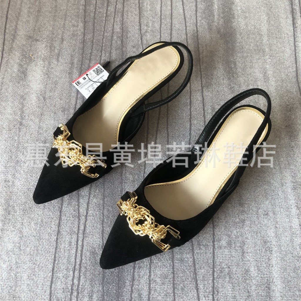 E2I2 ZARA New style suede pointed-toe stiletto sandals with metal buckle decoration, fashionable plu