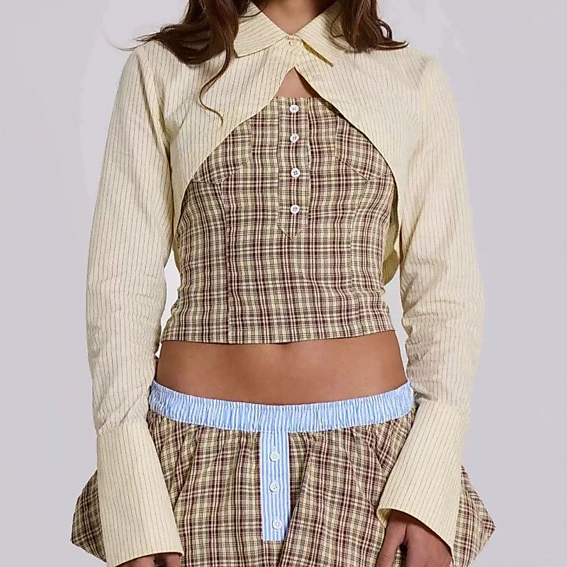 Jaded London Playful and fashionable light yellow striped short shirt/Plaid suspender belt/Corset Bu